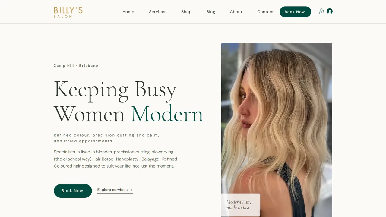 Billy's Hair Salon website home page, Camp Hill Brisbane