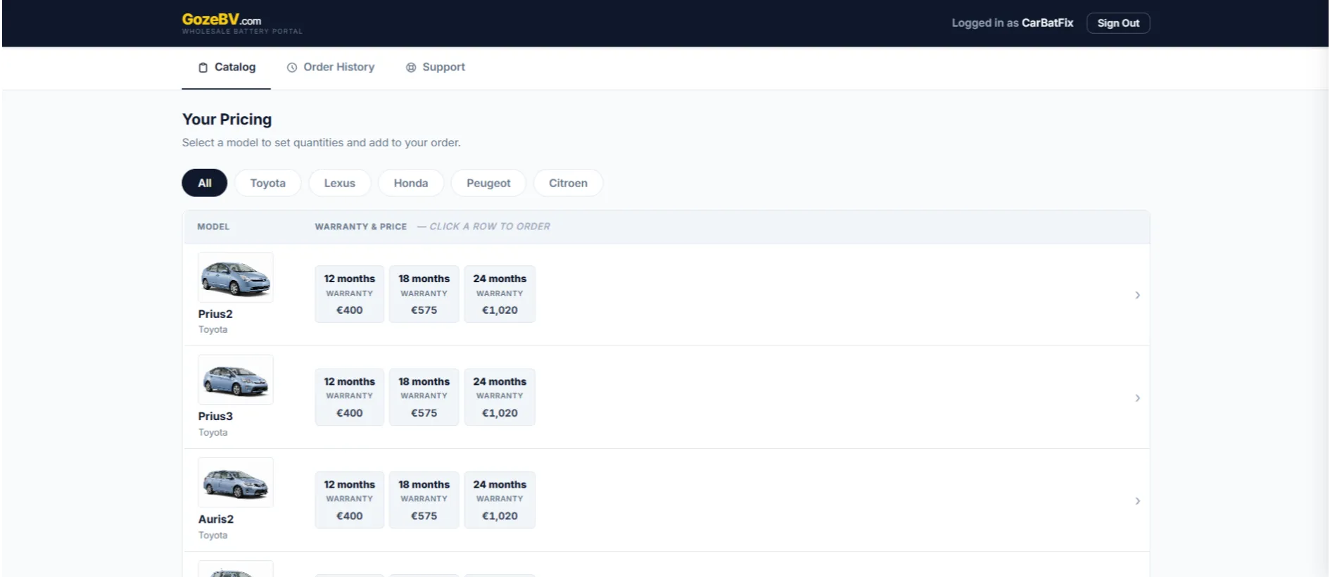 GozeBV wholesale portal showing per-model battery pricing catalogue