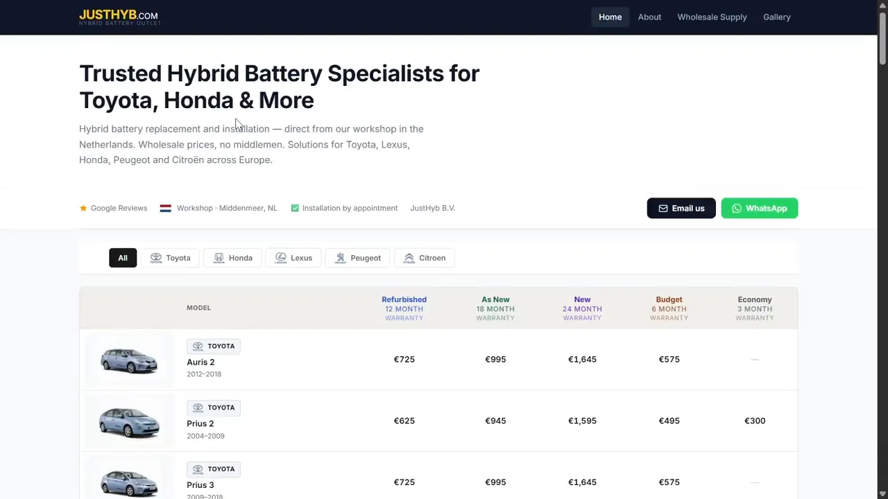 JustHyb custom WordPress website with hybrid battery pricing catalogue